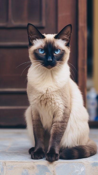 Siamese cat with striking blue eyes, a social and intelligent breed for beginners.